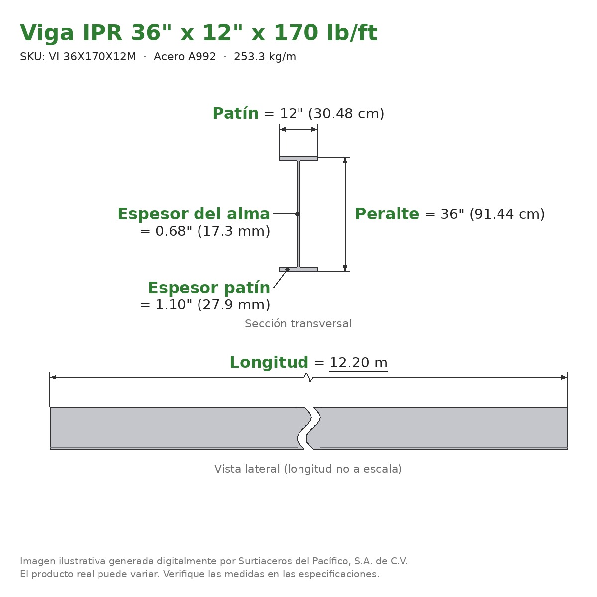 Viga IPR 36" x 12" x 170 lb/ft (253.3 kg/m) x 12.20 m - Acero A992 (patín 1.10", alma 0.68") - sección transversal