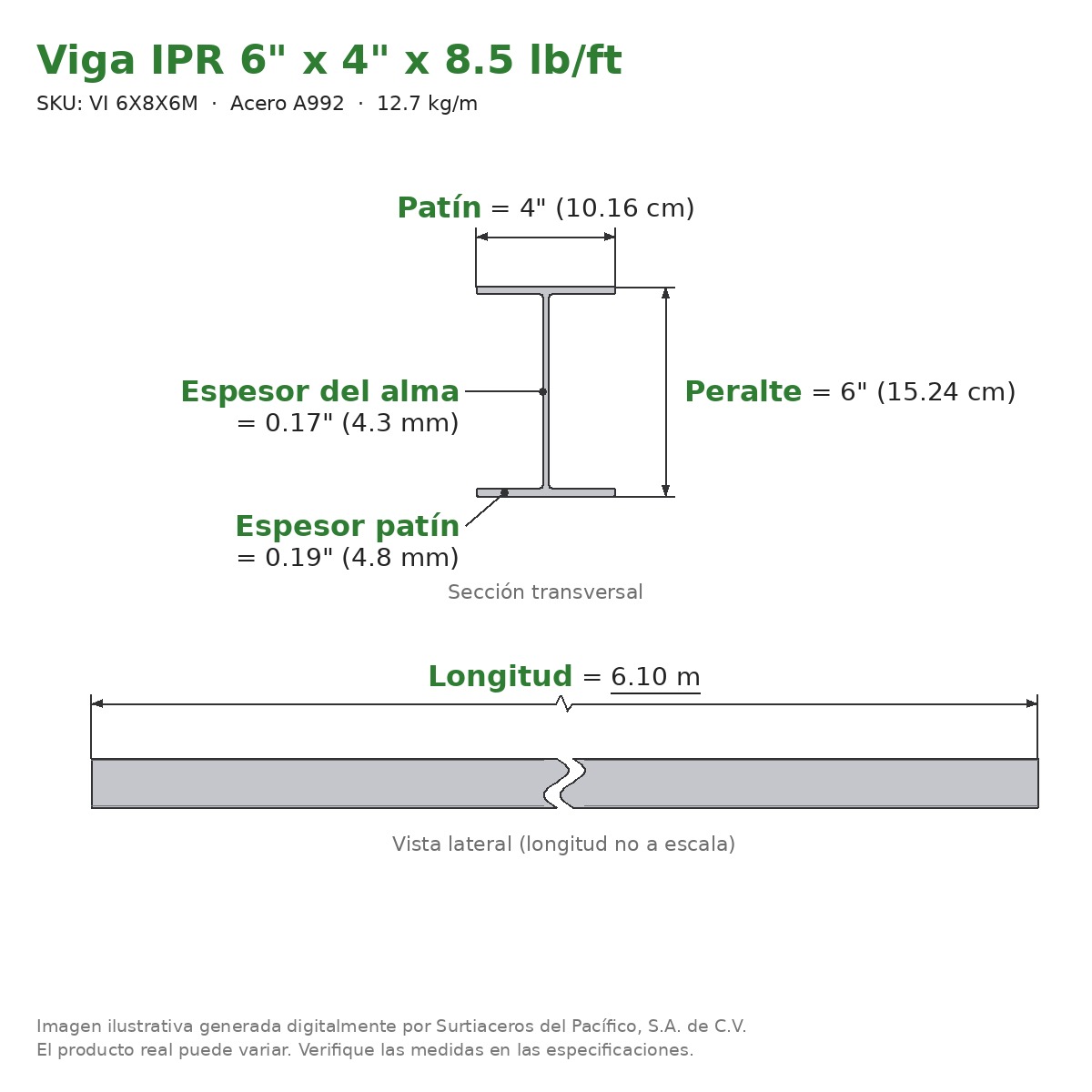 Viga IPR 6" x 4" x 8.5 lb/ft (12.7 kg/m) x 6.10 m - Acero A992 (patín 0.19", alma 0.17") - sección transversal