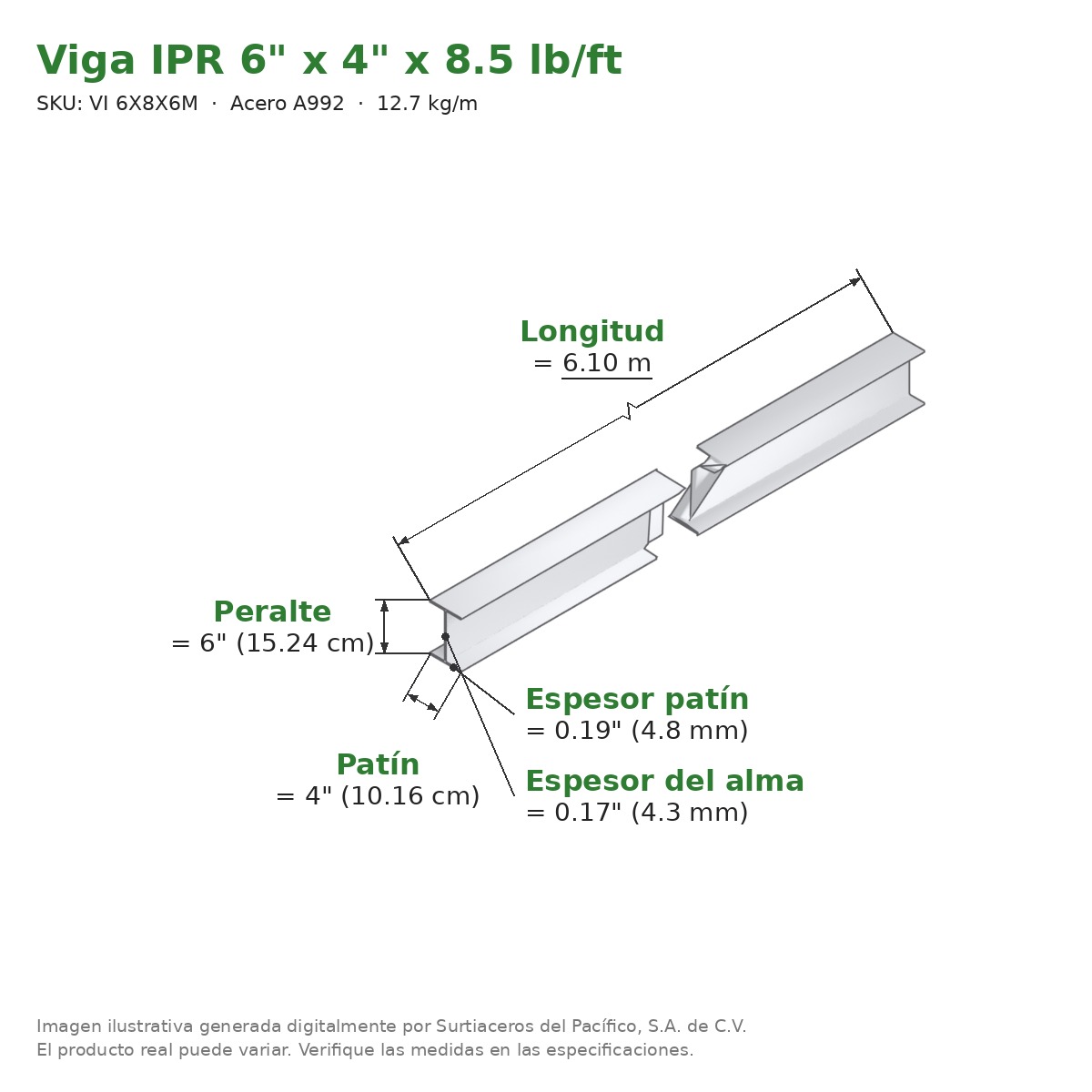 Viga IPR 6" x 4" x 8.5 lb/ft (12.7 kg/m) x 6.10 m - Acero A992 (patín 0.19", alma 0.17") - medidas