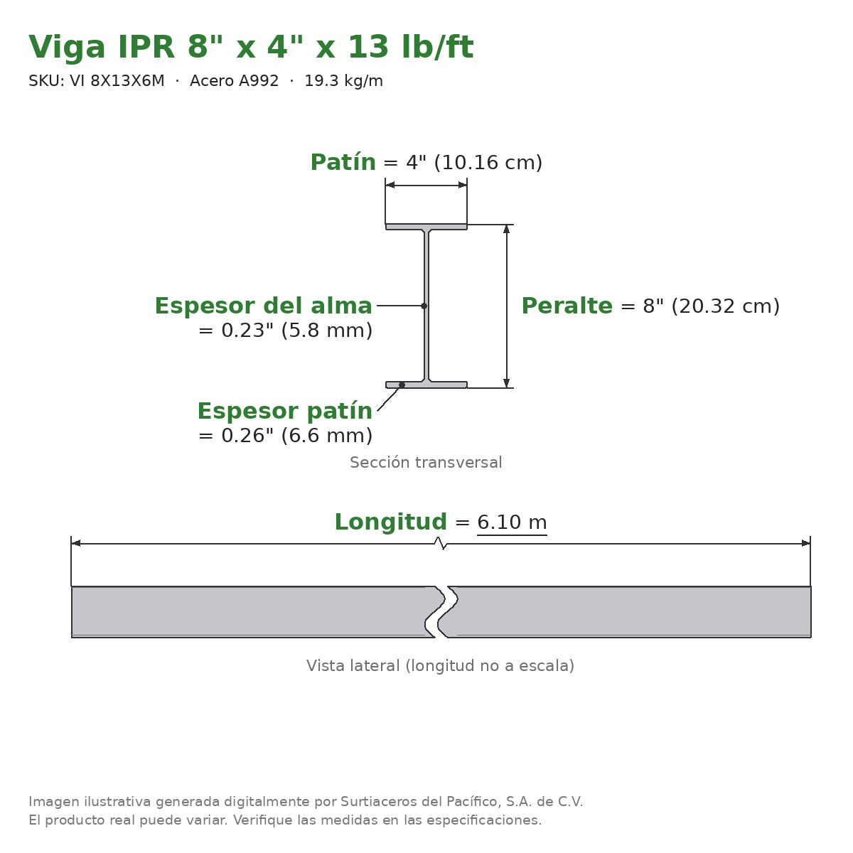 Viga IPR 8" x 4" x 13 lb/ft (19.3 kg/m) x 6.10 m - Acero A992 (patín 0.26", alma 0.23") - sección transversal