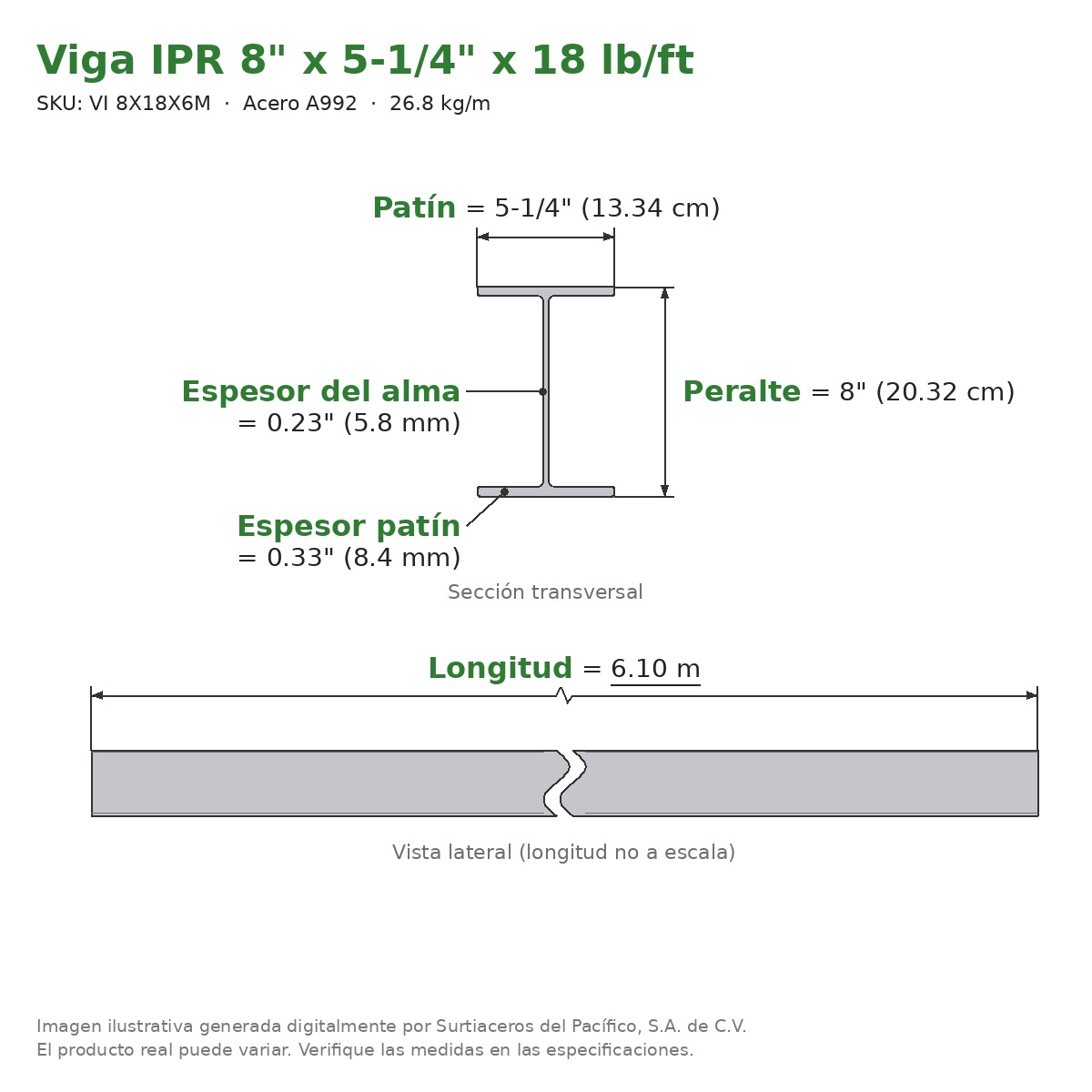 Viga IPR 8" x 5-1/4" x 18 lb/ft (26.8 kg/m) x 6.10 m - Acero A992 (patín 0.33", alma 0.23") - sección transversal