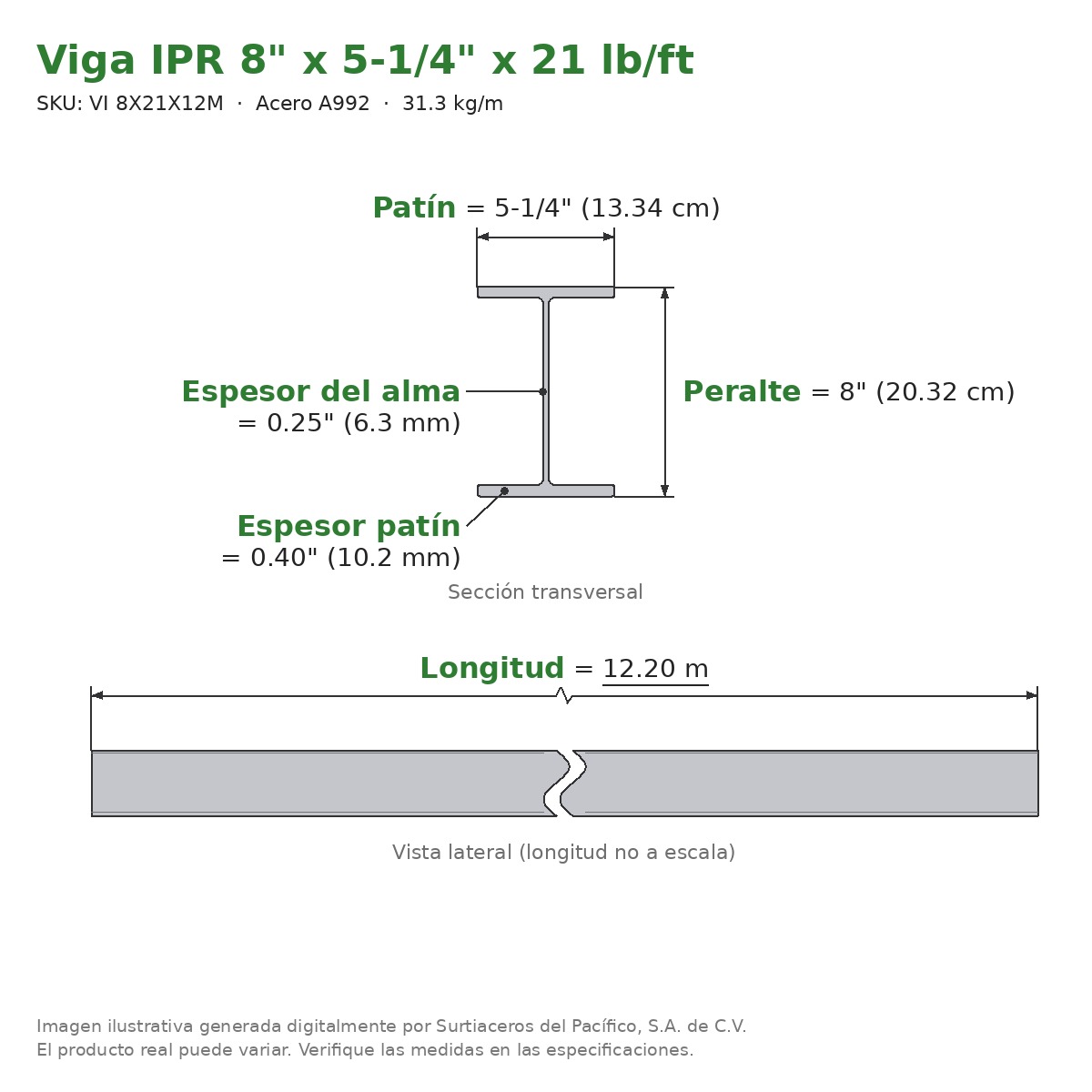 Viga IPR 8" x 5-1/4" x 21 lb/ft (31.3 kg/m) x 12.20 m - Acero A992 (patín 0.40", alma 0.25") - sección transversal