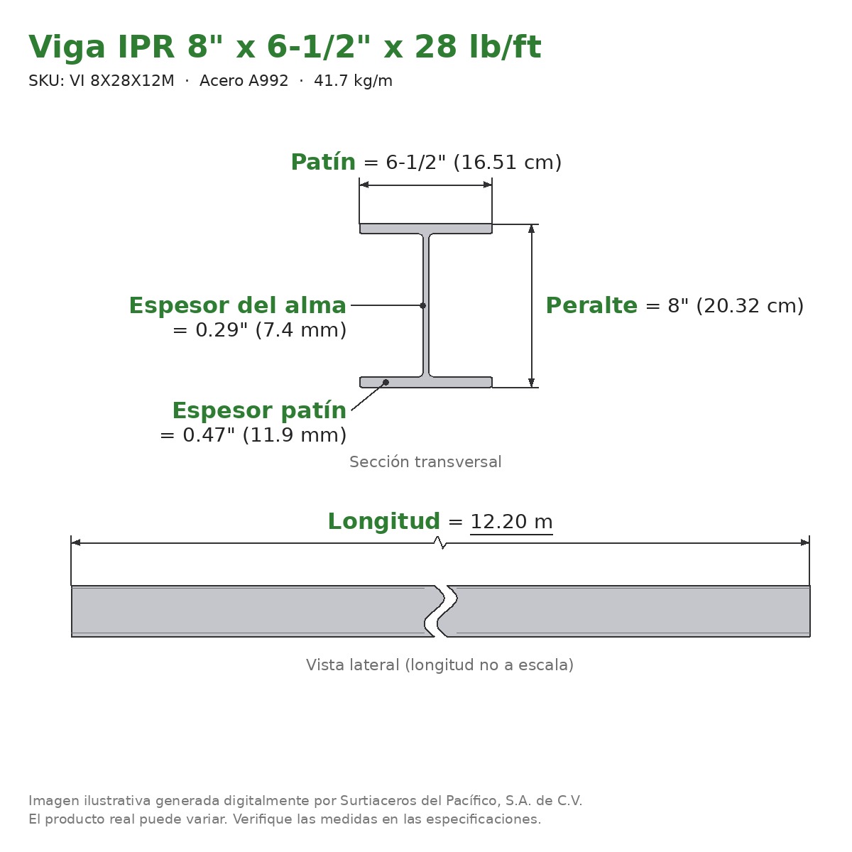 Viga IPR 8" x 6-1/2" x 28 lb/ft (41.7 kg/m) x 12.20 m - Acero A992 (patín 0.47", alma 0.29") - sección transversal