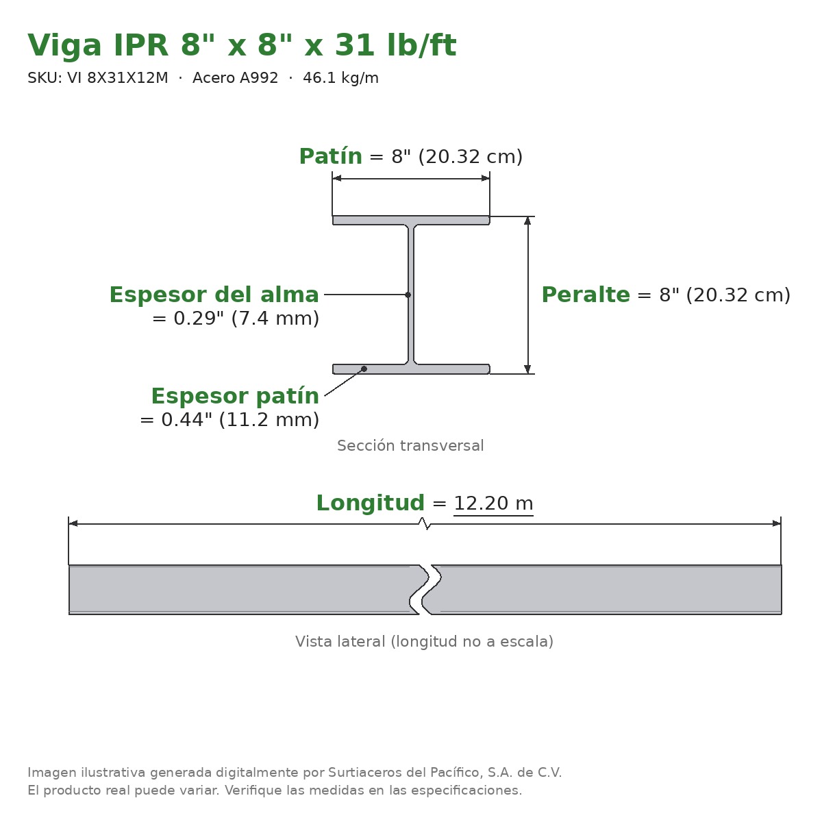 Viga IPR 8" x 8" x 31 lb/ft (46.1 kg/m) x 12.20 m - Acero A992 (patín 0.44", alma 0.29") - sección transversal