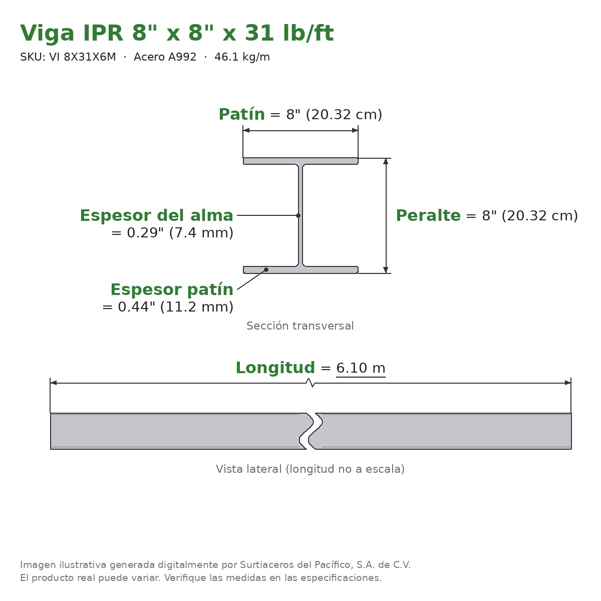 Viga IPR 8" x 8" x 31 lb/ft (46.1 kg/m) x 6.10 m - Acero A992 (patín 0.44", alma 0.29") - sección transversal