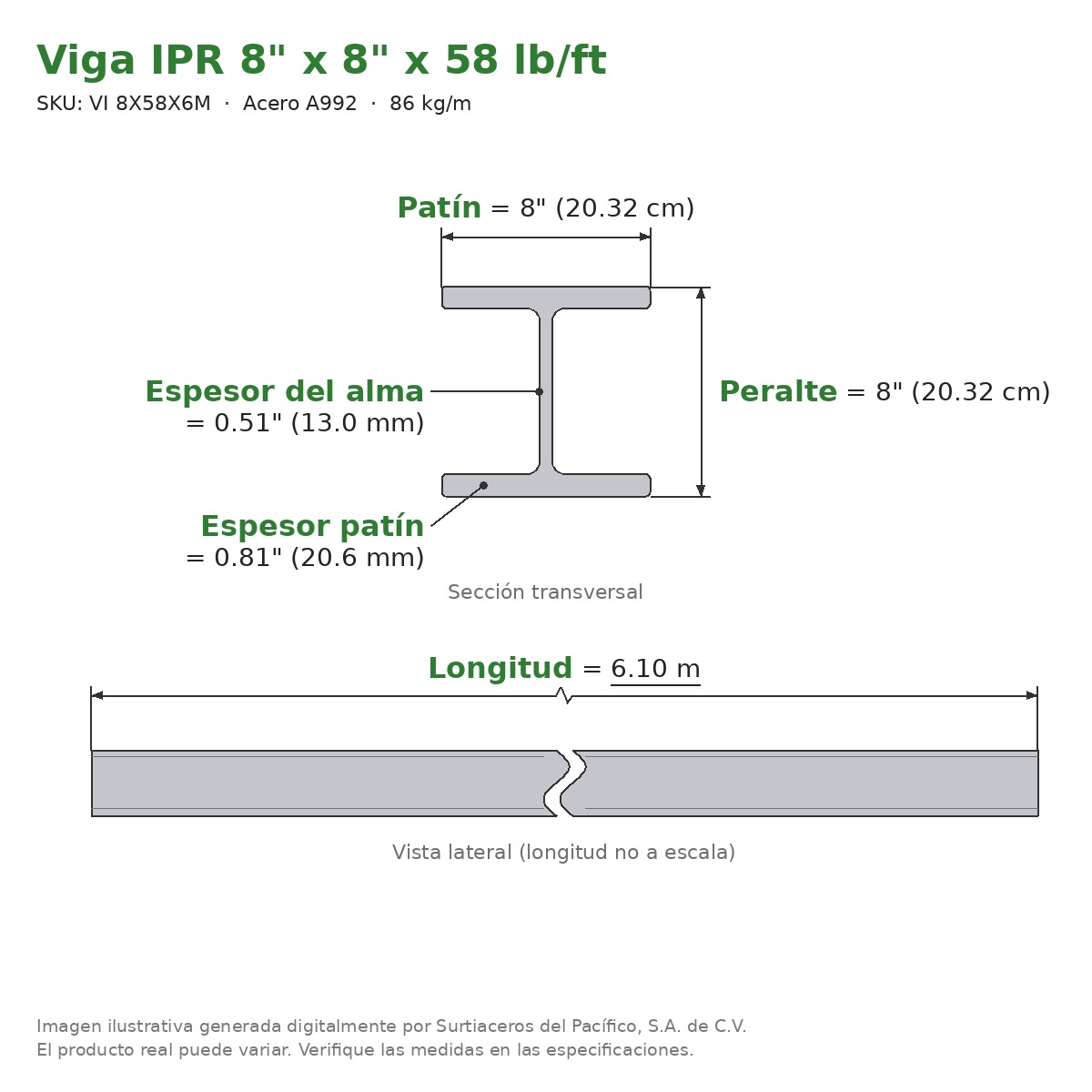 Viga IPR 8" x 8" x 58 lb/ft (86 kg/m) x 6.10 m - Acero A992 (patín 0.81", alma 0.51") - sección transversal