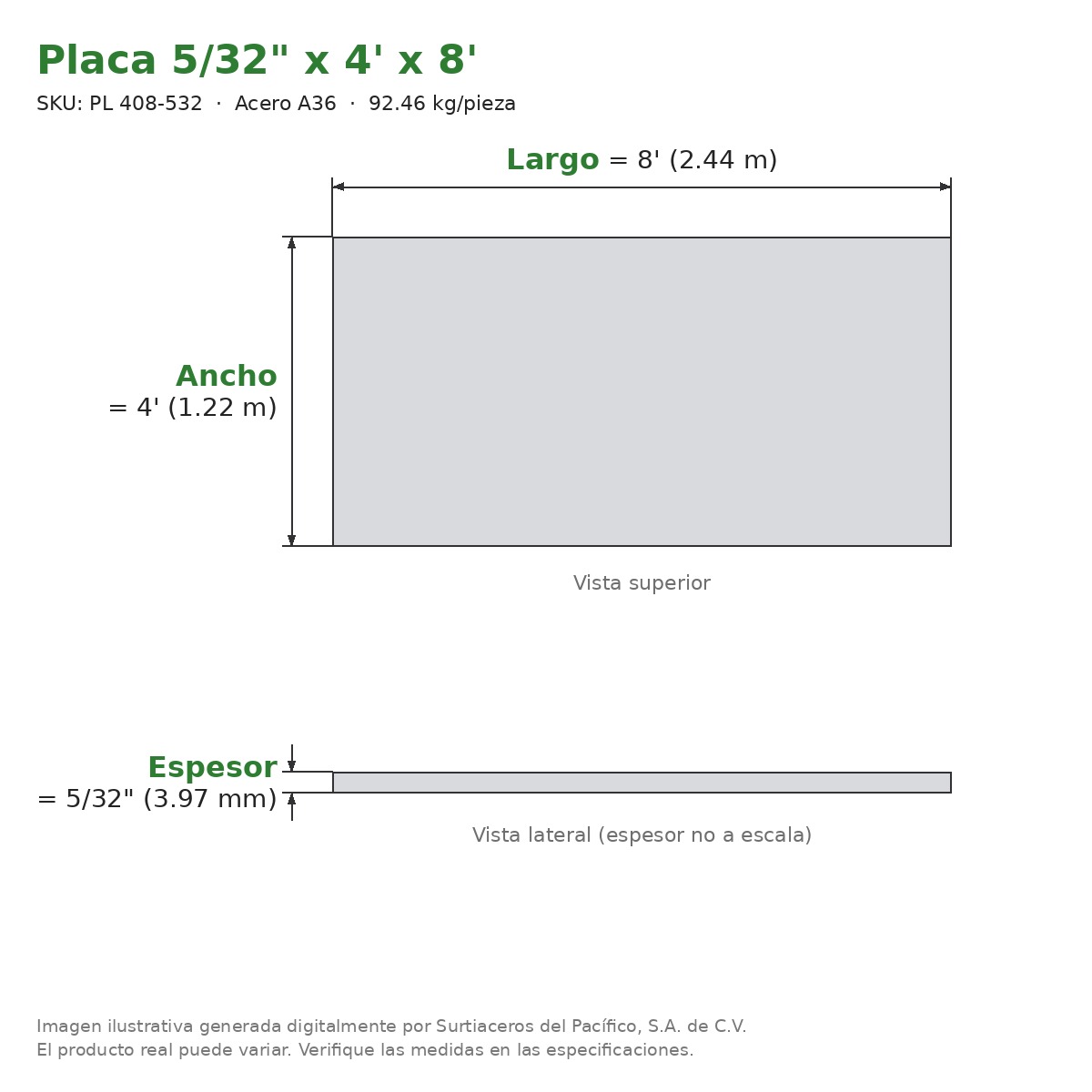 Placa 5/32" x 4' x 8' - Acero A36 - sección transversal
