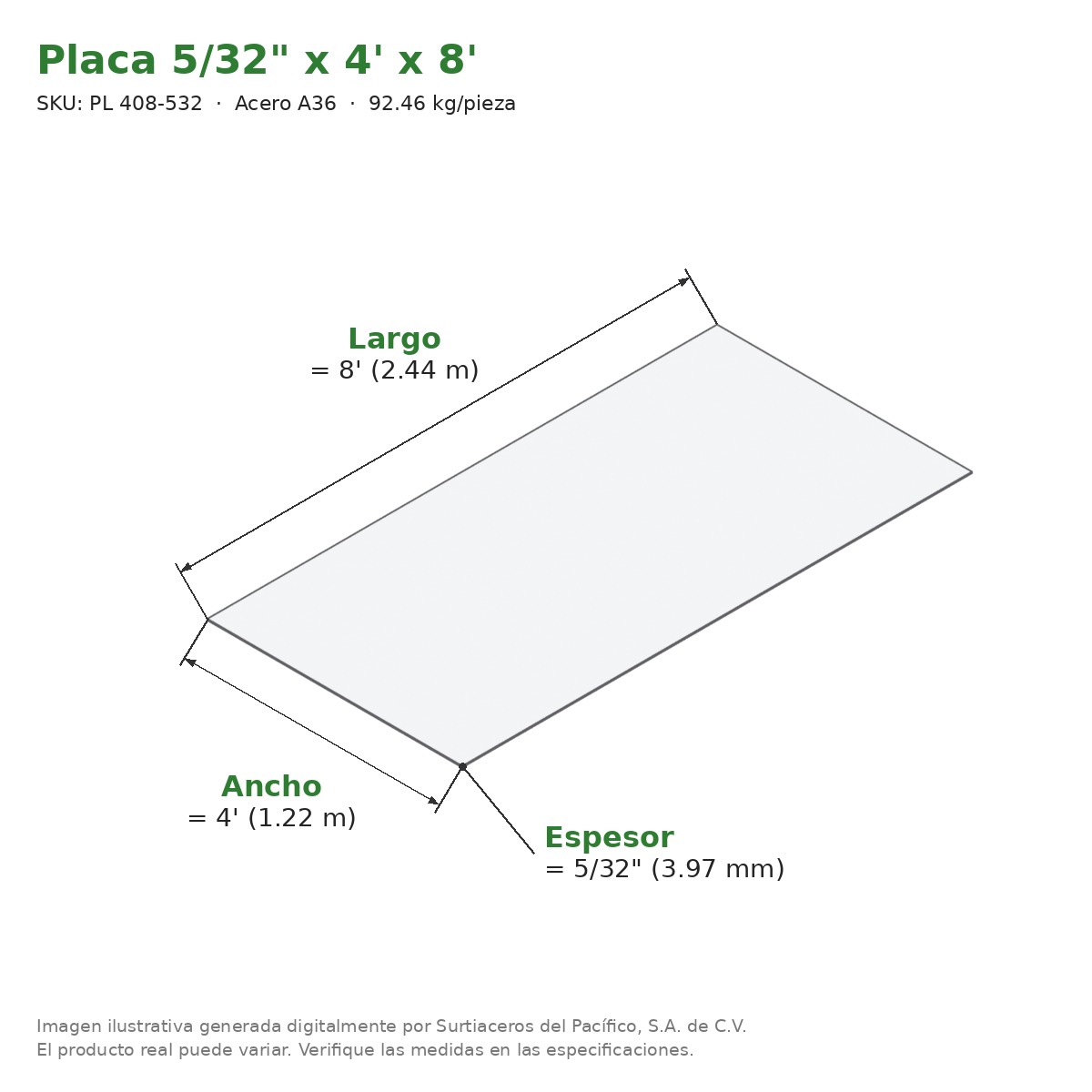 Placa 5/32" x 4' x 8' - Acero A36 - medidas