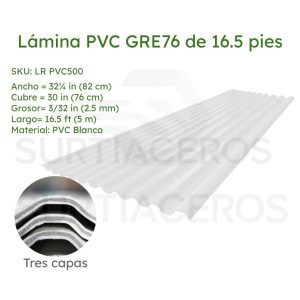 Lámina PVC blanca tricapa GRE76 de 16.5 pies. (Ancho=82cm Grosor=2.5mm Largo=5.00m)