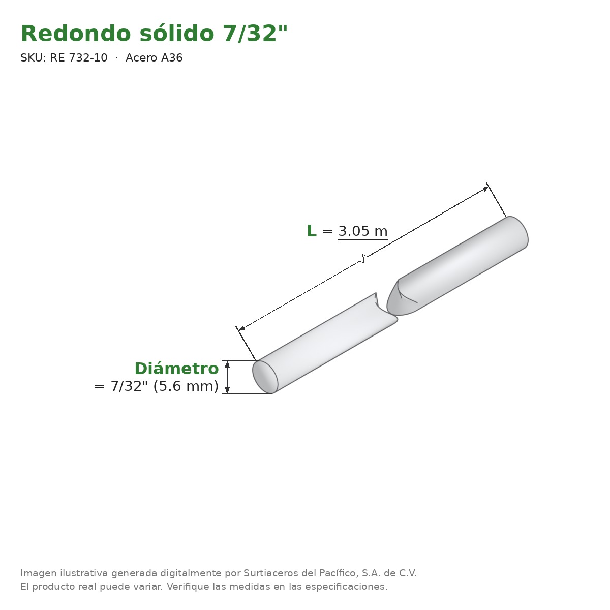 Redondo sólido 7/32" x 3.05 m - Acero A36 - medidas