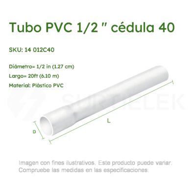 Tubo PVC Hidráulico Blanco 1/2" Cédula 40 x 20ft