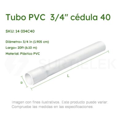 Tubo PVC Hidráulico Blanco 3/4" Cédula 40 x 20ft
