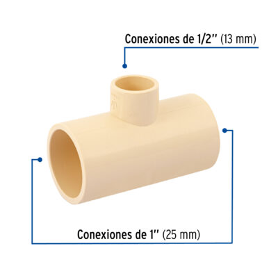 Tee reducida central de CPVC 1" x 1" x 1/2" - Imagen 2