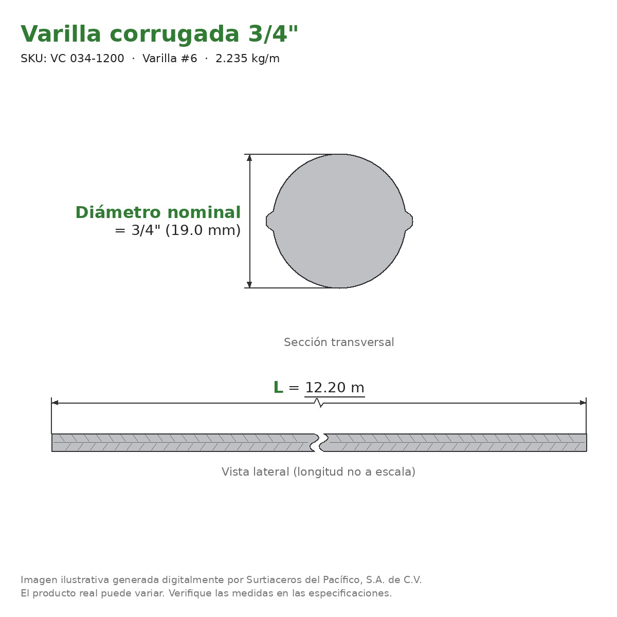 Varilla corrugada 3/4" x 12.20 m - sección transversal