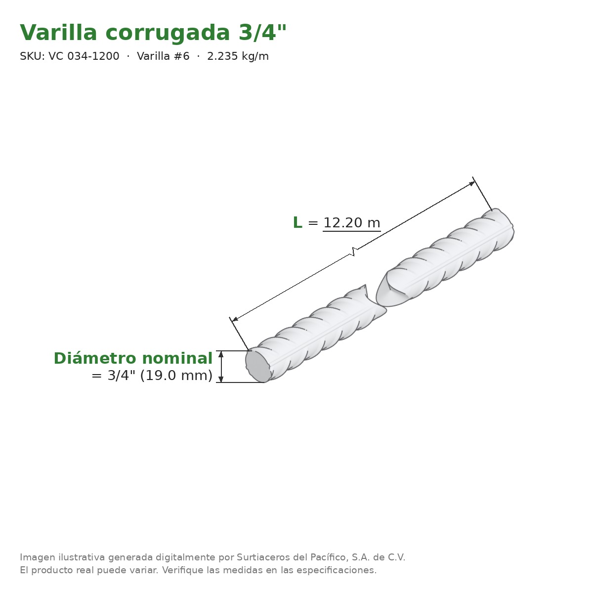 Varilla corrugada 3/4" x 12.20 m - medidas