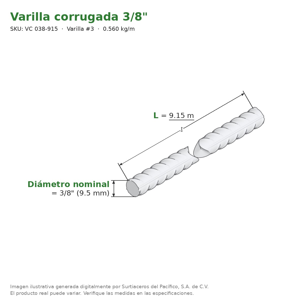 Varilla corrugada 3/8" x 9.15 m - medidas