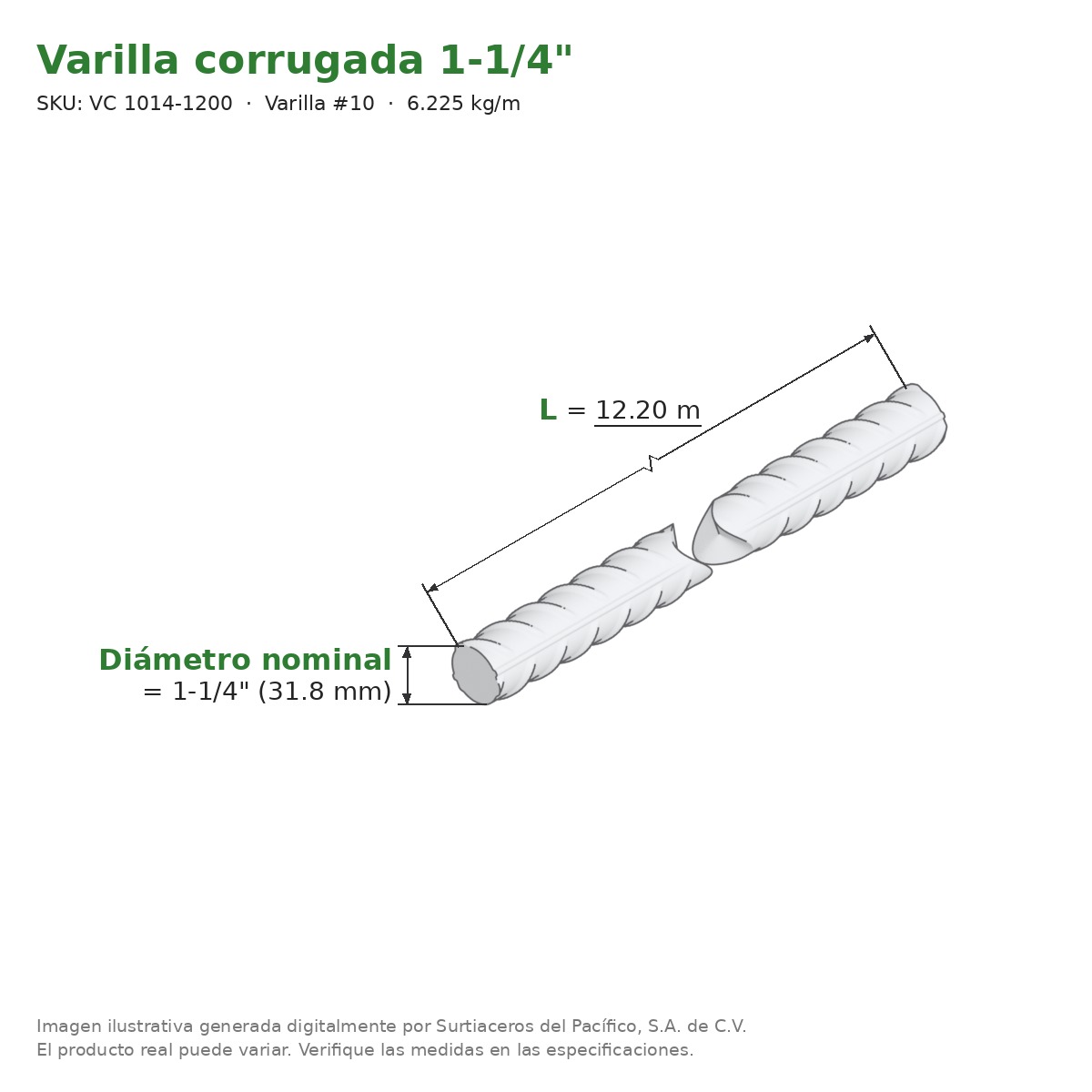 Varilla corrugada 1-1/4" x 12.20 m - medidas