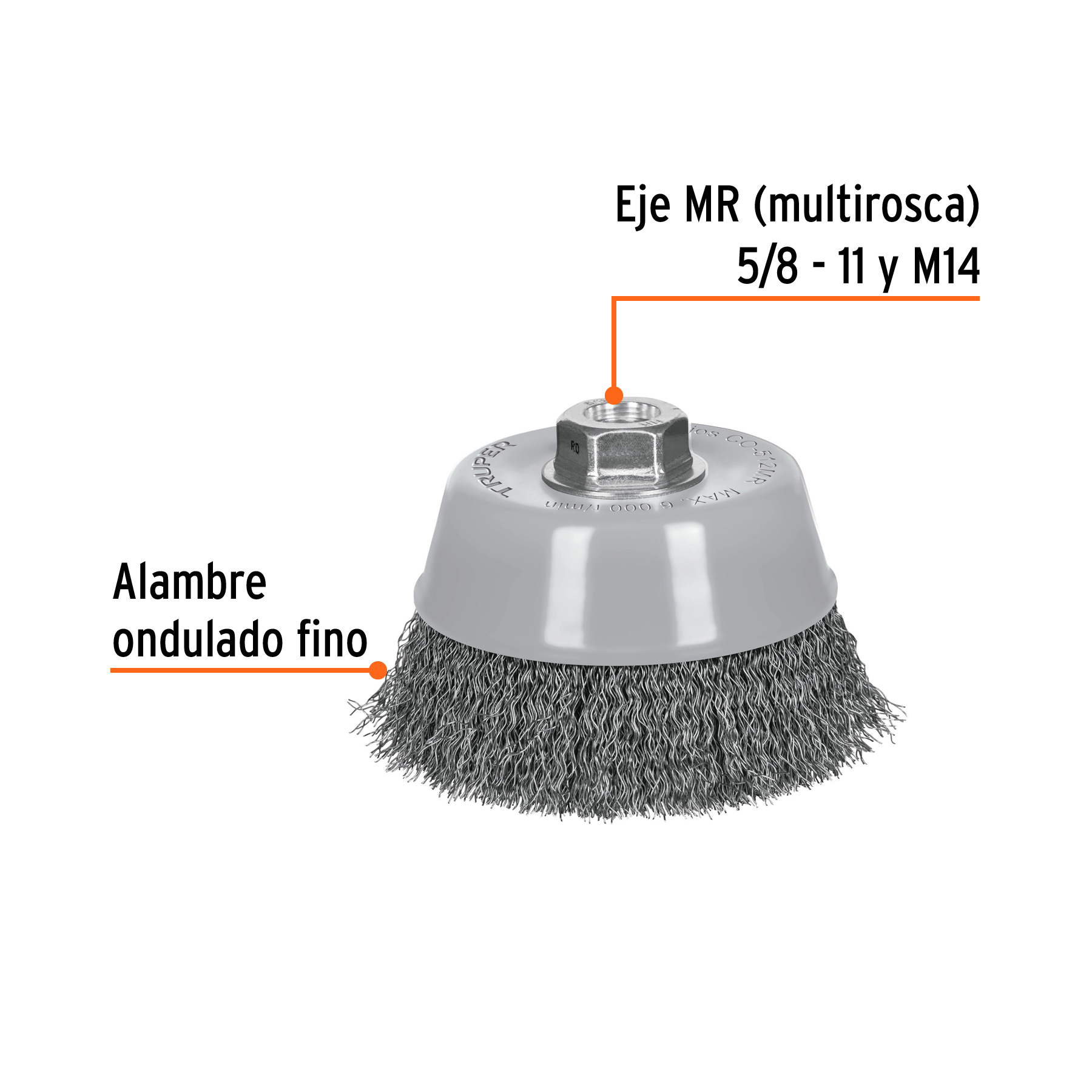 Carda copa 5" alambre ondulado fino, Multi-rosca, Truper (Cód: 100859) - Imagen 2