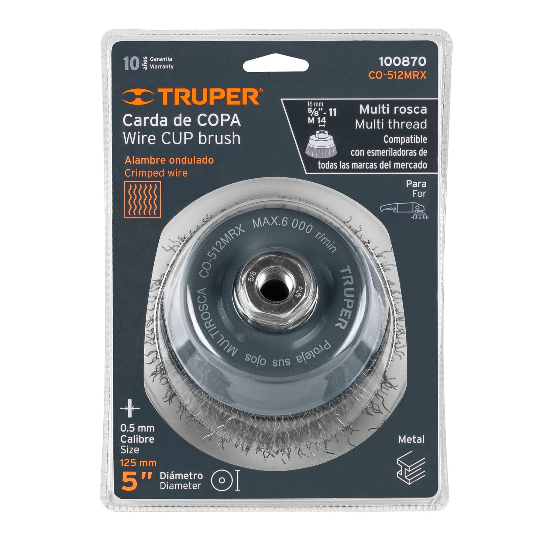 Carda copa 5" alambre ondulado grueso, Multi-rosca, Truper (Cód: 100870) - Imagen 4