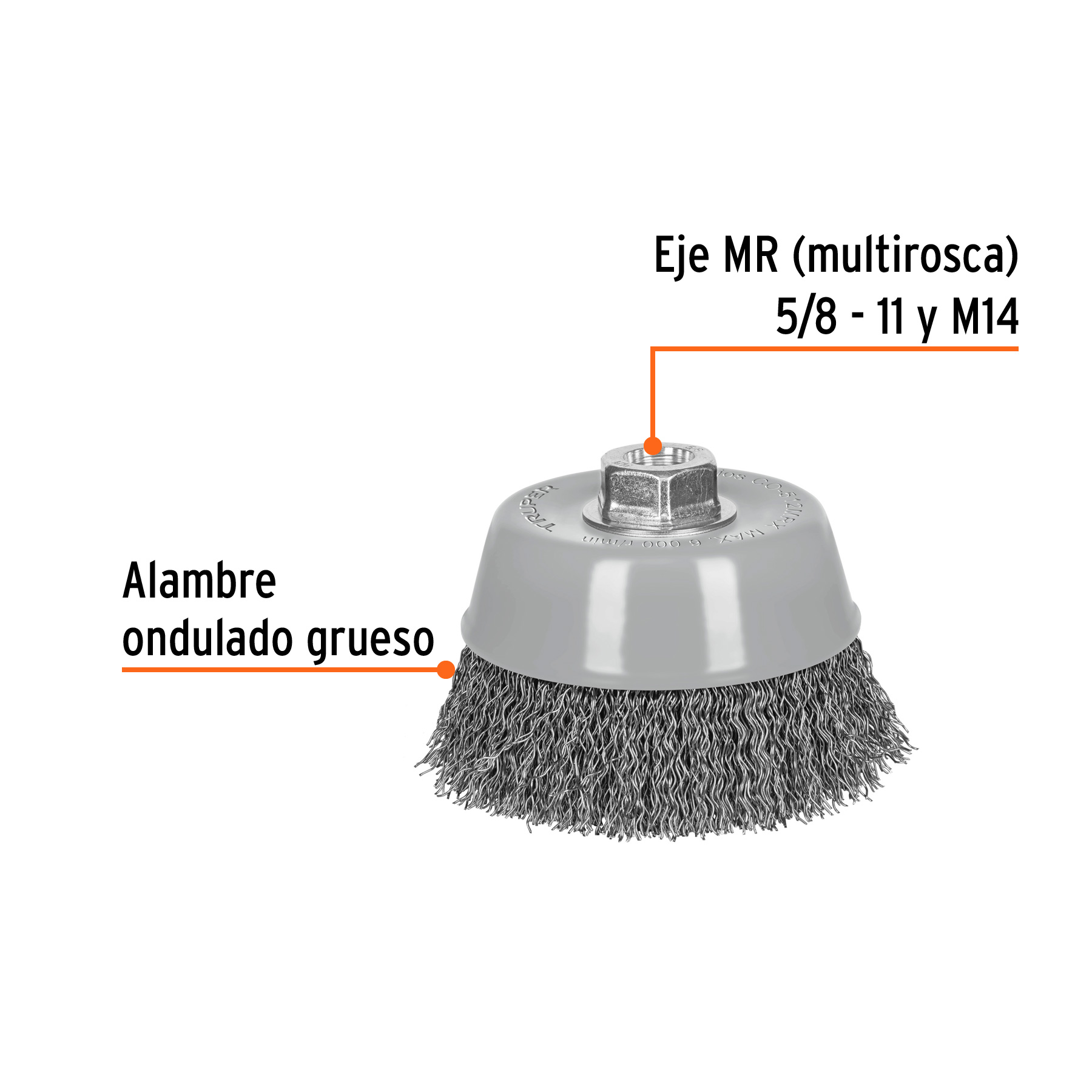 Carda copa 5" alambre ondulado grueso, Multi-rosca, Truper (Cód: 100870) - Imagen 2