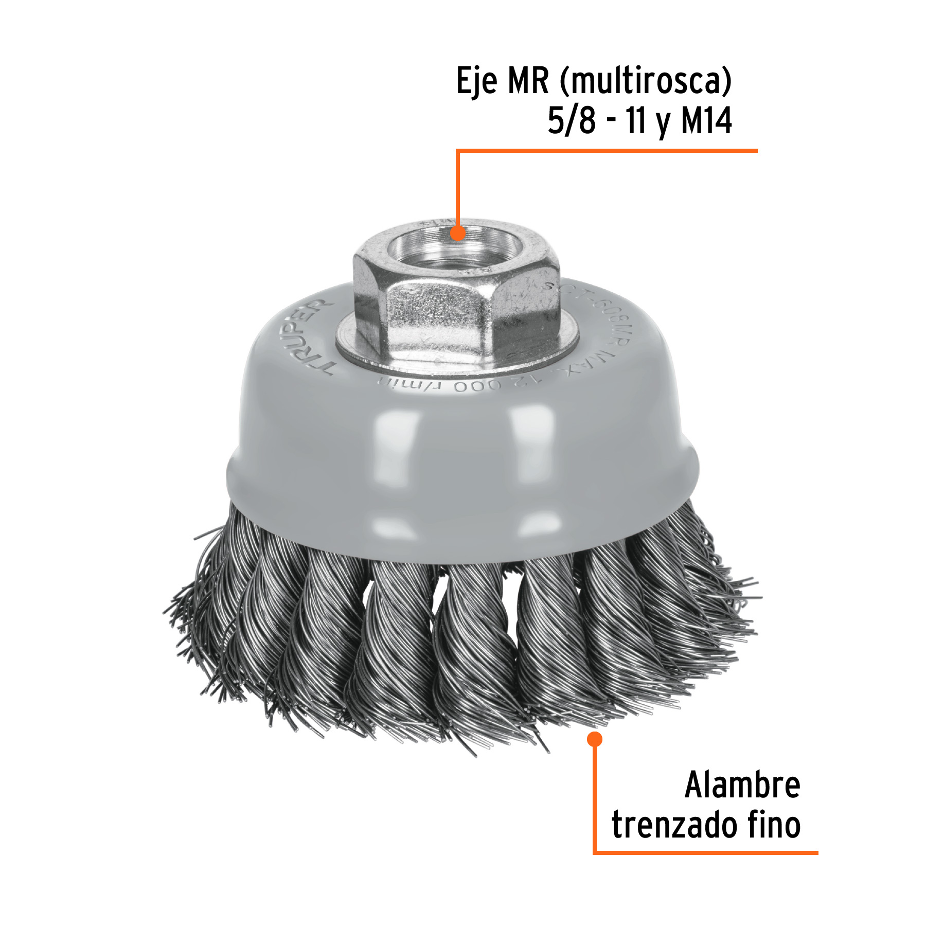Carda copa 3" alambre trenzado fino, Multi-rosca, Truper (Cód: 100851) - Imagen 2