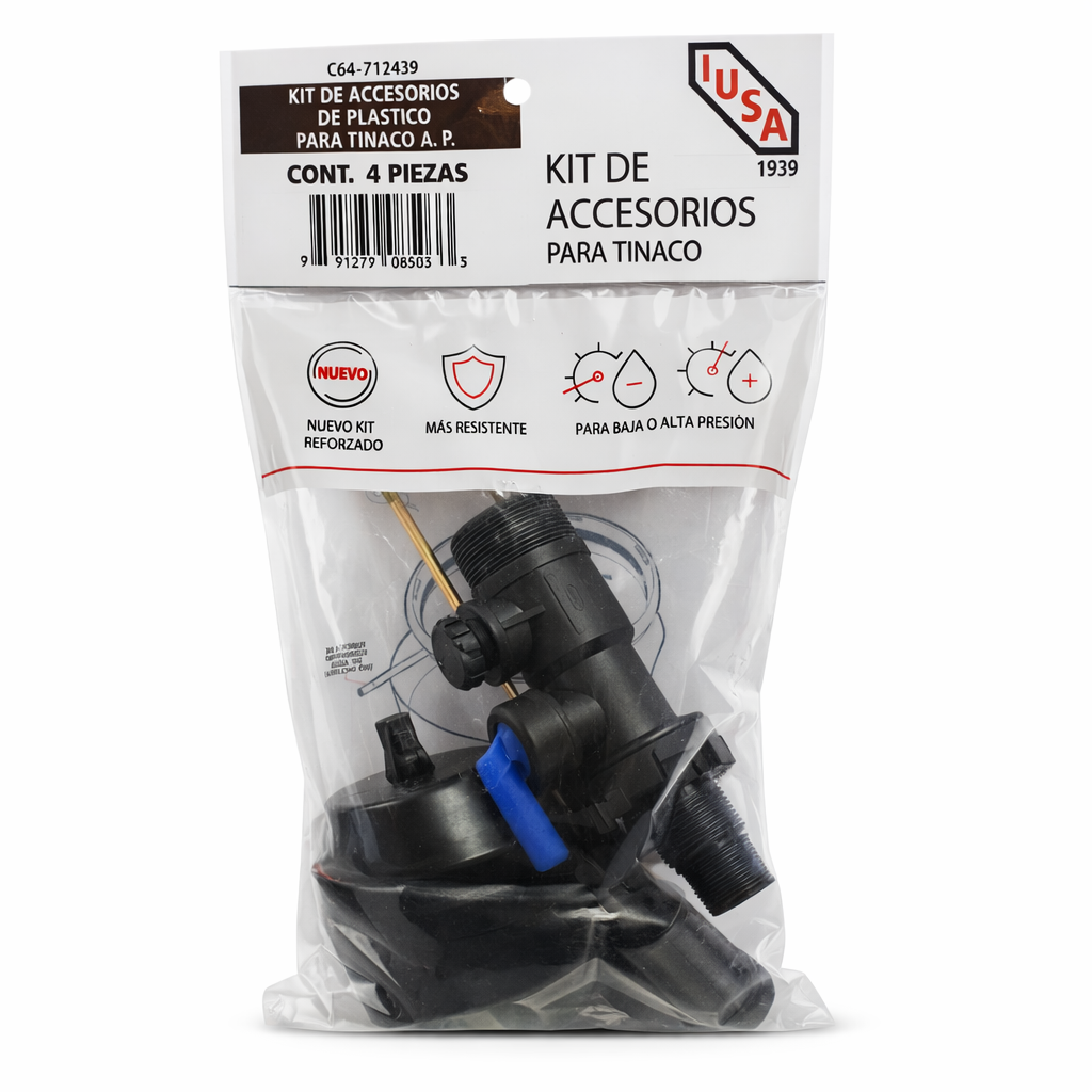 Kit de Accesorios IUSA para Tinaco Plástico Alta Presión (Válvula 3/4” + Flotador No. 5 + Cinta Teflón)
