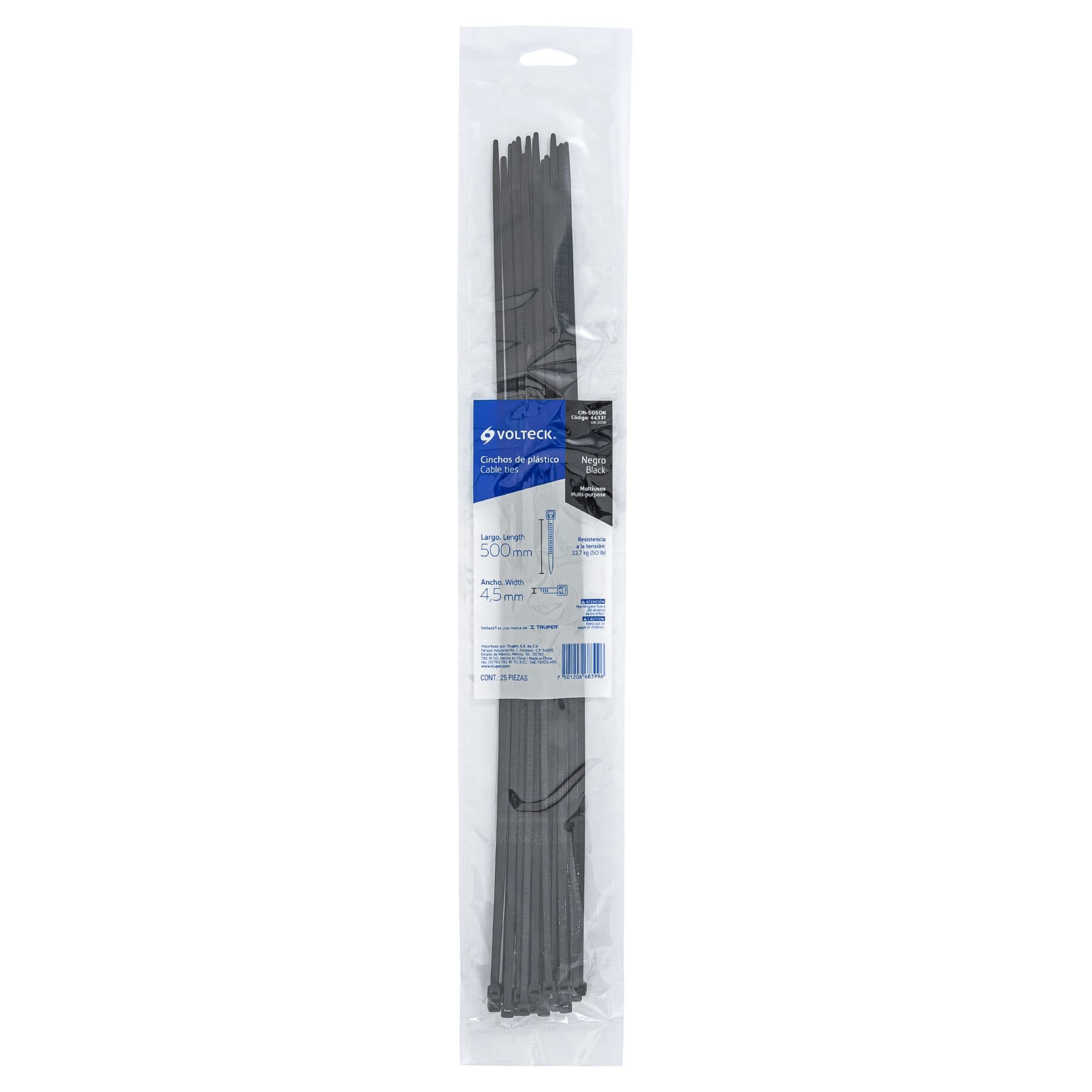 Cinchos plásticos 50 lb 500 x 4.5 mm paquete 25 Negro (Cód: 44331)