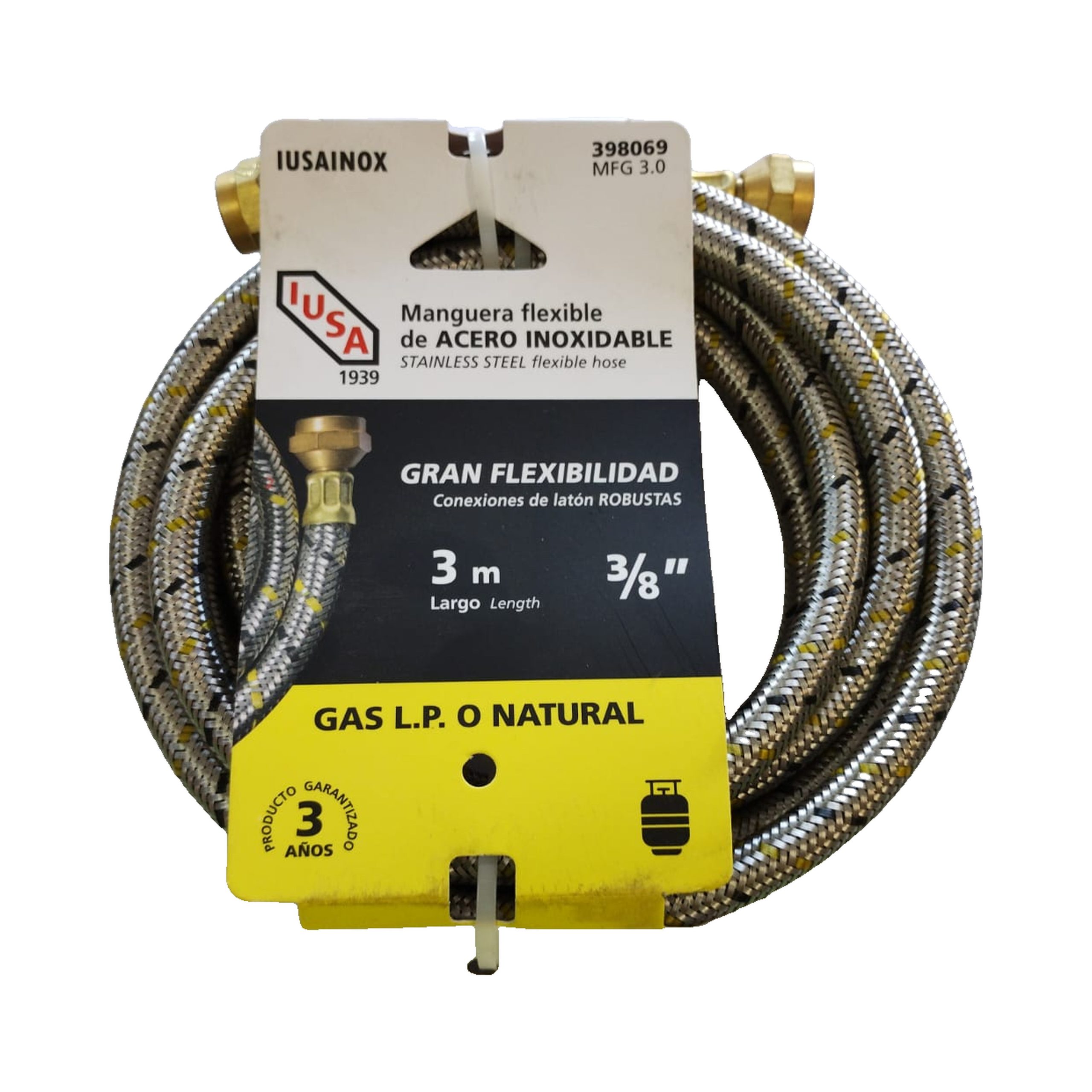 Manguera 3/8" x 3 m flexible para Gas LP o Gas Natural Marca IUSA (Cód 398069)