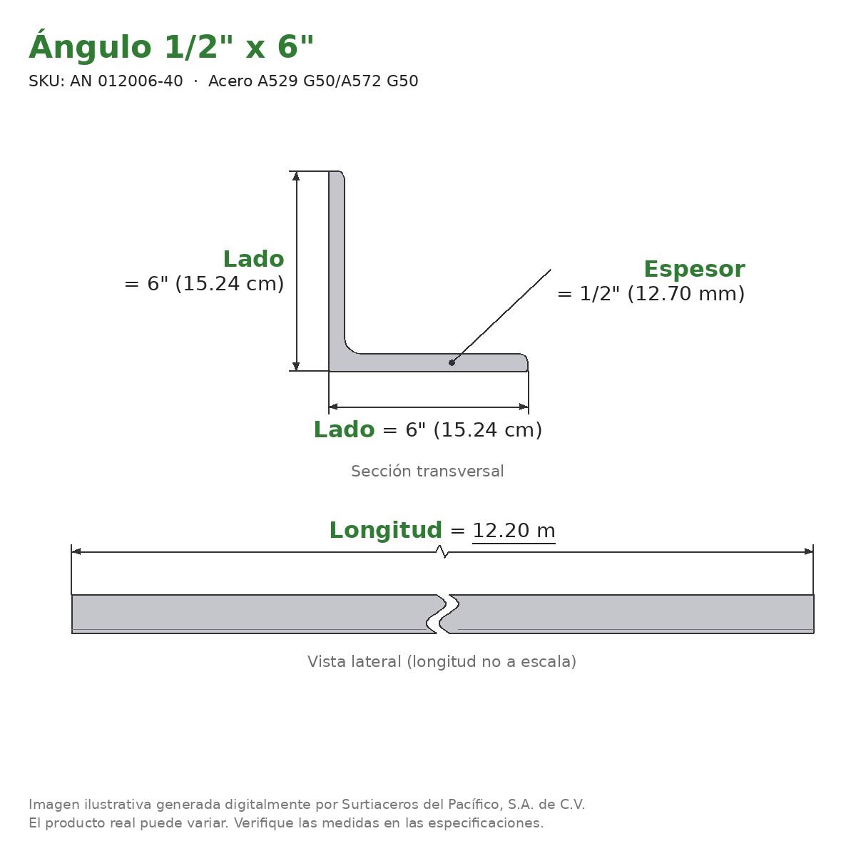Ángulo 1/2" x 6" x 12.20 m - Acero A529 G50/A572 G50 - sección transversal