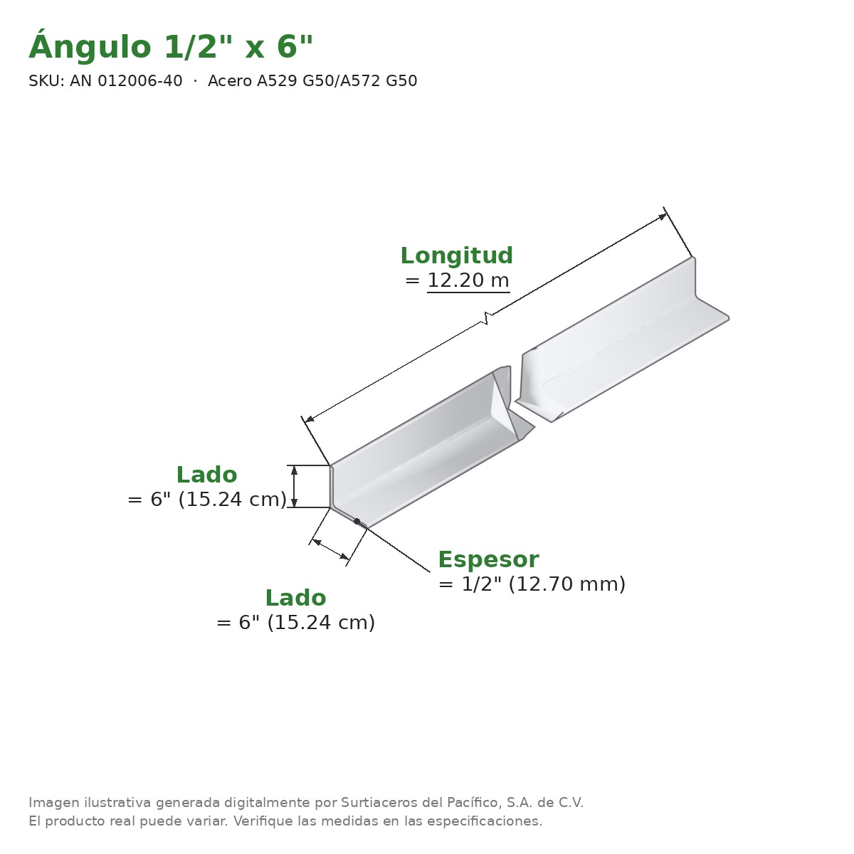 Ángulo 1/2" x 6" x 12.20 m - Acero A529 G50/A572 G50 - medidas