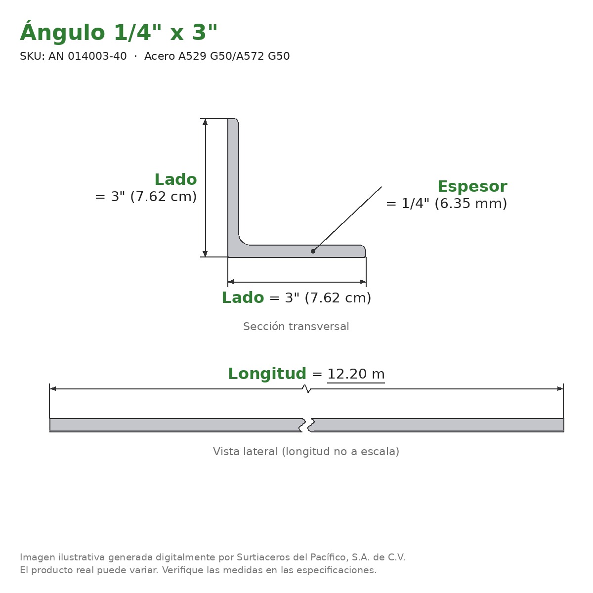 Ángulo 1/4" x 3" x 12.20 m - Acero A529 G50/A572 G50 - sección transversal