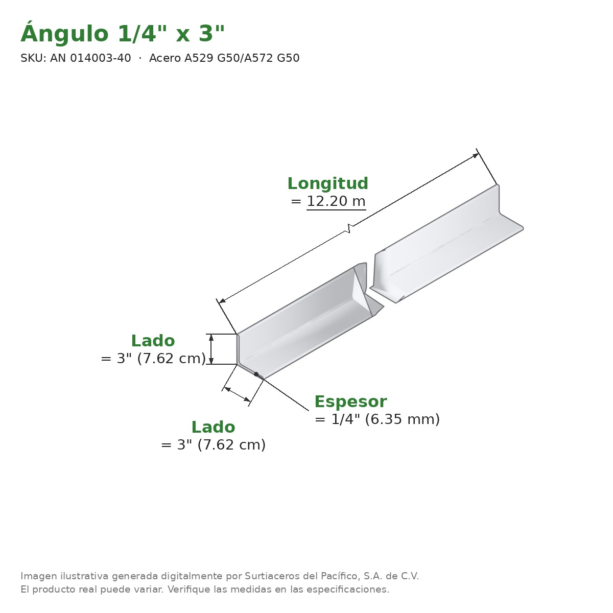 Ángulo 1/4" x 3" x 12.20 m - Acero A529 G50/A572 G50 - medidas