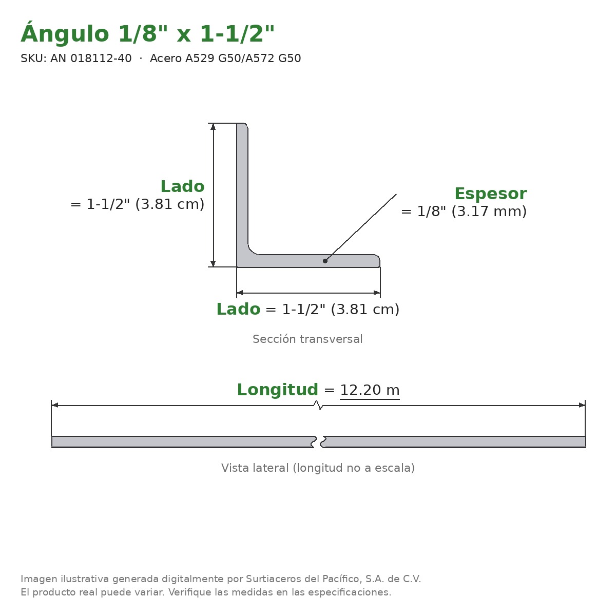Ángulo 1/8" x 1-1/2" x 12.20 m - Acero A529 G50/A572 G50 - sección transversal