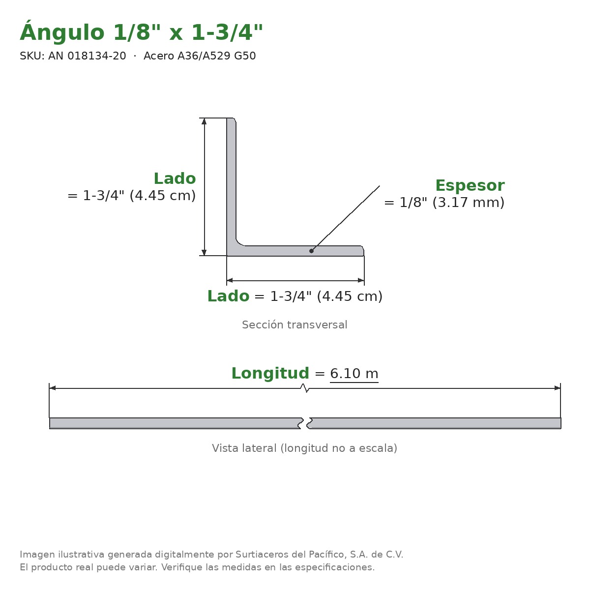 Ángulo 1/8" x 1-3/4" x 6.10 m - Acero A36/A529 G50 - sección transversal