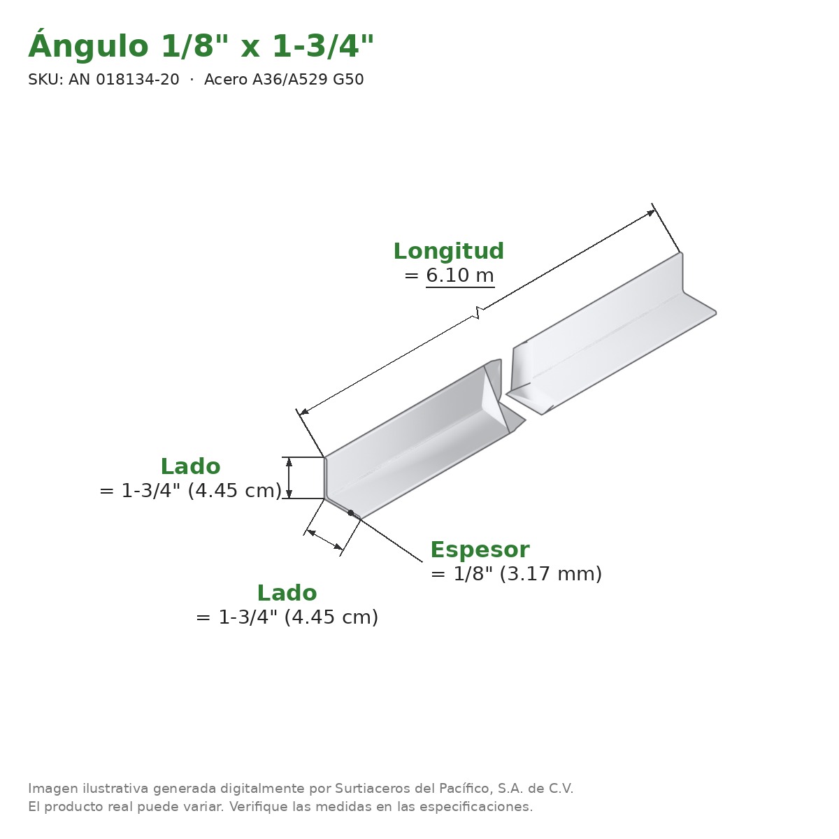 Ángulo 1/8" x 1-3/4" x 6.10 m - Acero A36/A529 G50 - medidas