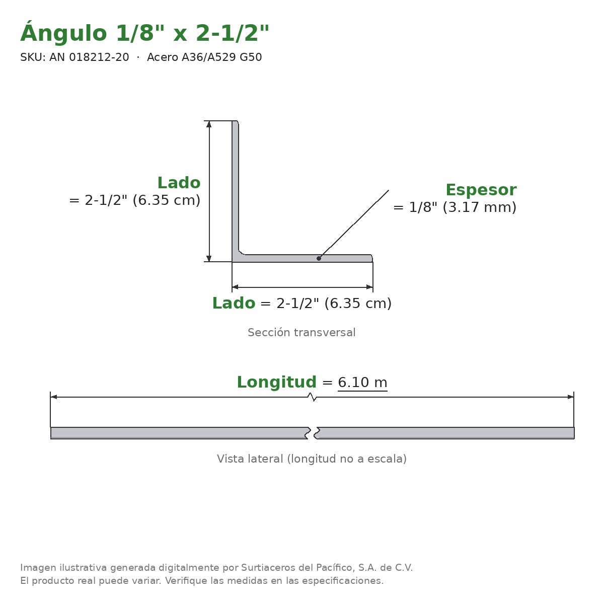 Ángulo 1/8" x 2-1/2" x 6.10 m - Acero A36/A529 G50 - sección transversal