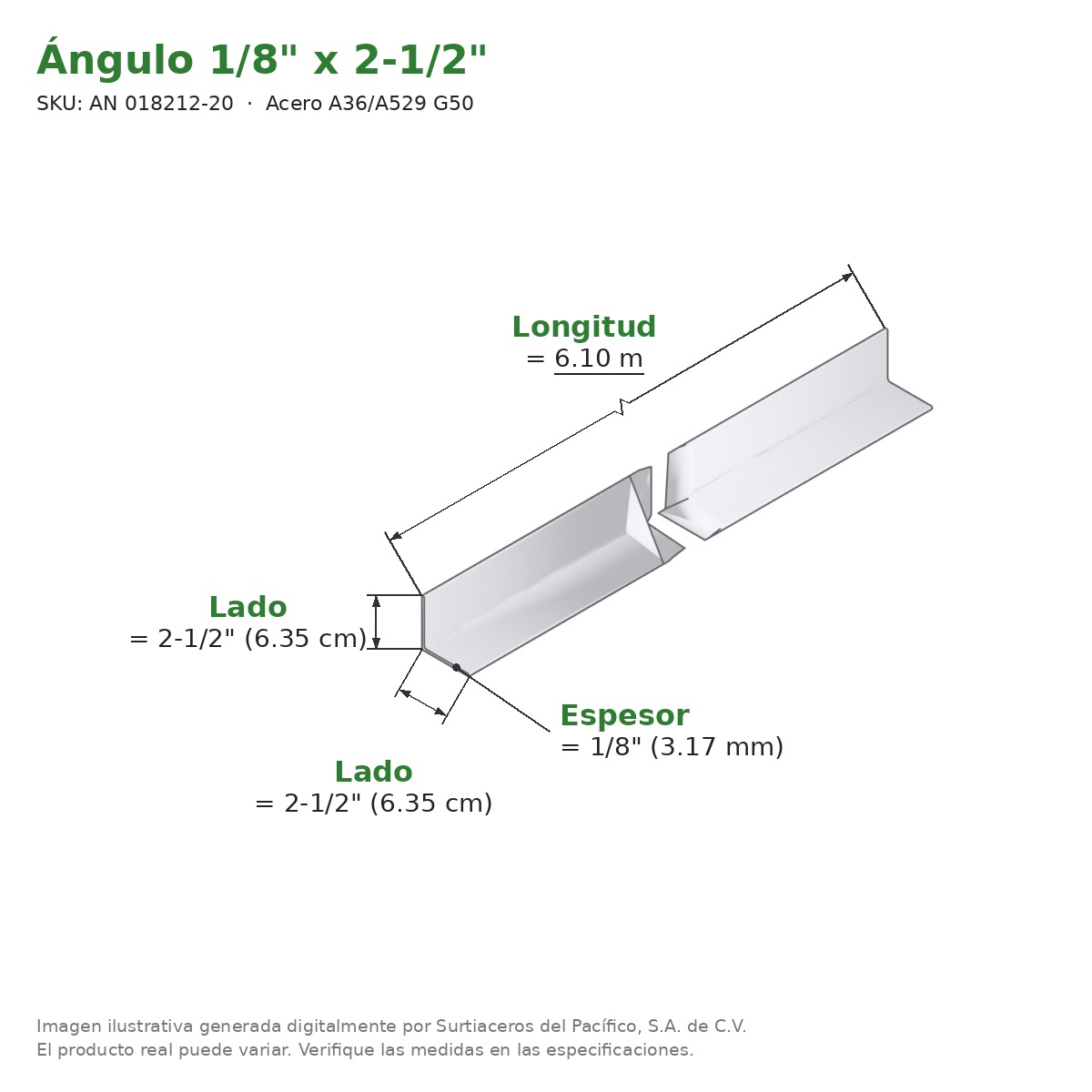 Ángulo 1/8" x 2-1/2" x 6.10 m - Acero A36/A529 G50 - medidas