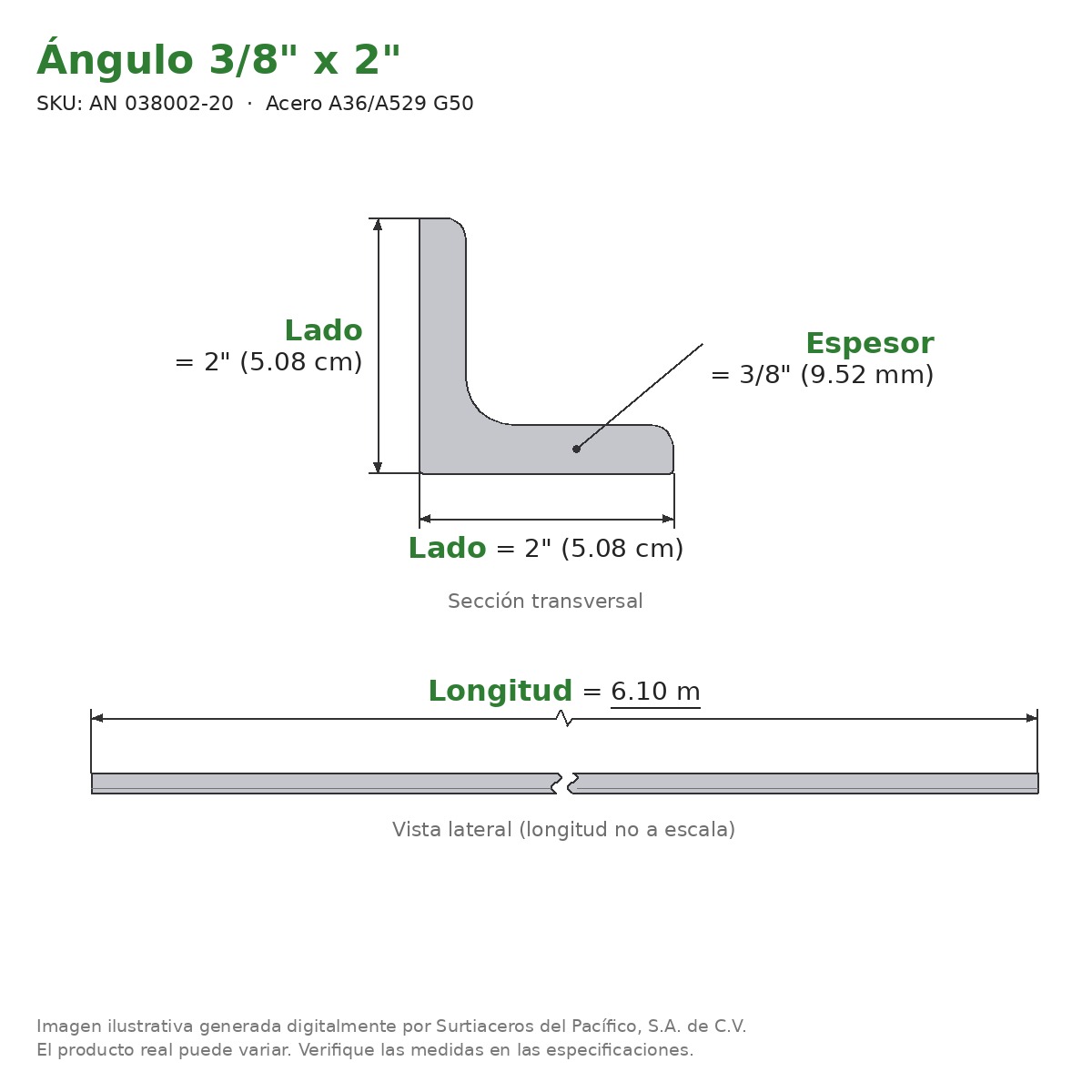 Ángulo 3/8" x 2" x 6.10 m - Acero A36/A529 G50 - sección transversal