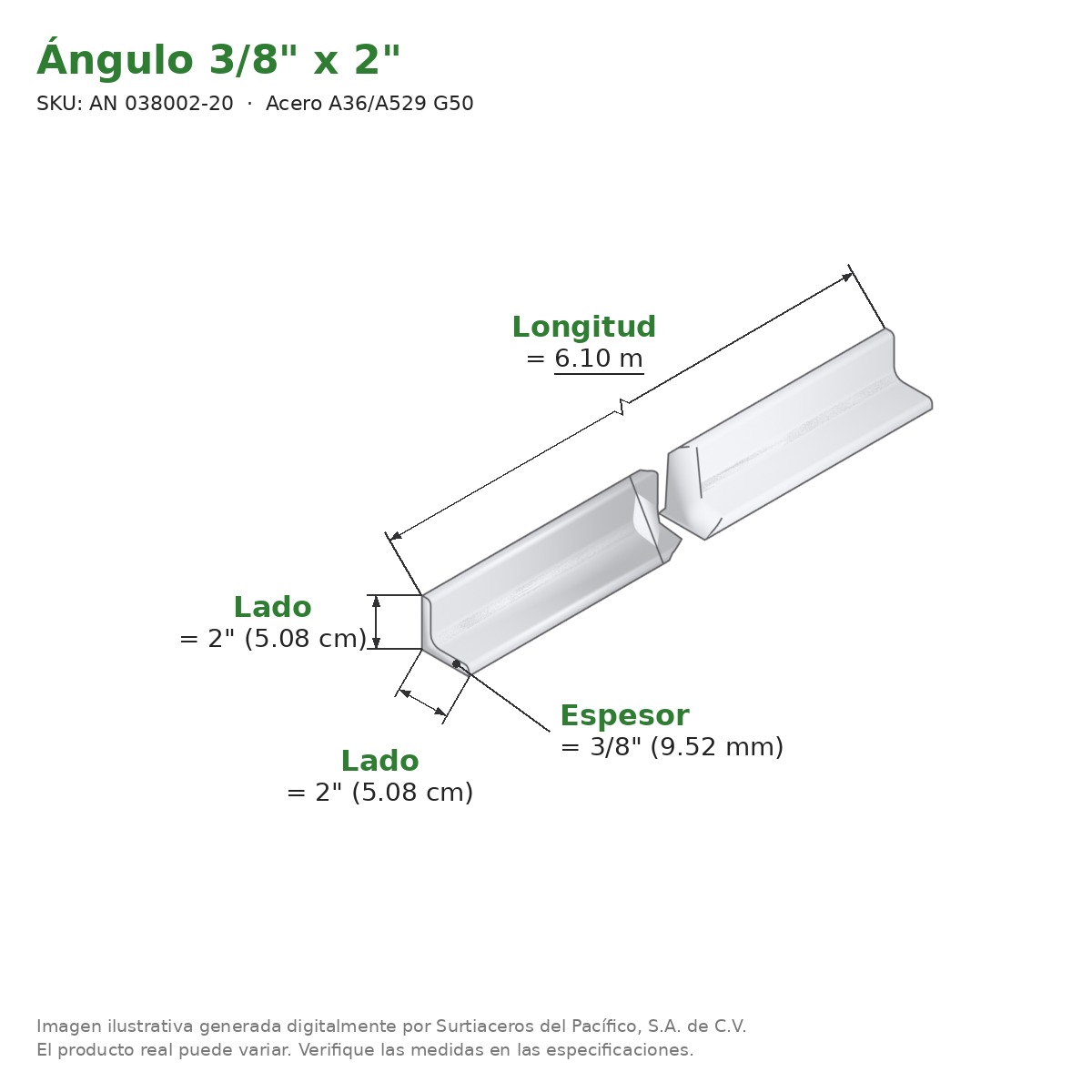 Ángulo 3/8" x 2" x 6.10 m - Acero A36/A529 G50 - medidas