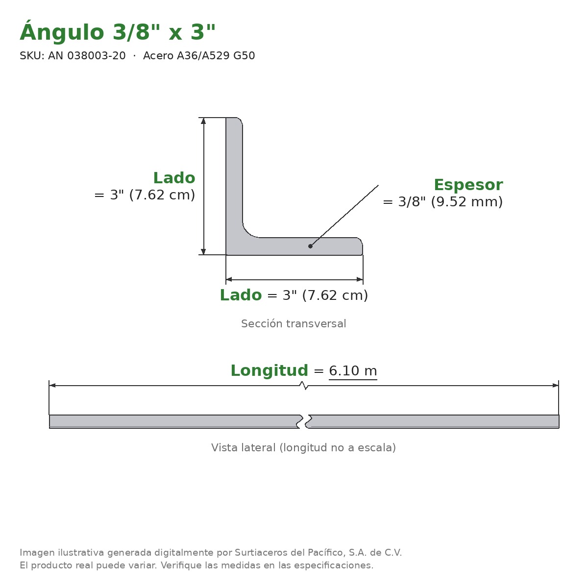 Ángulo 3/8" x 3" x 6.10 m - Acero A36/A529 G50 - sección transversal
