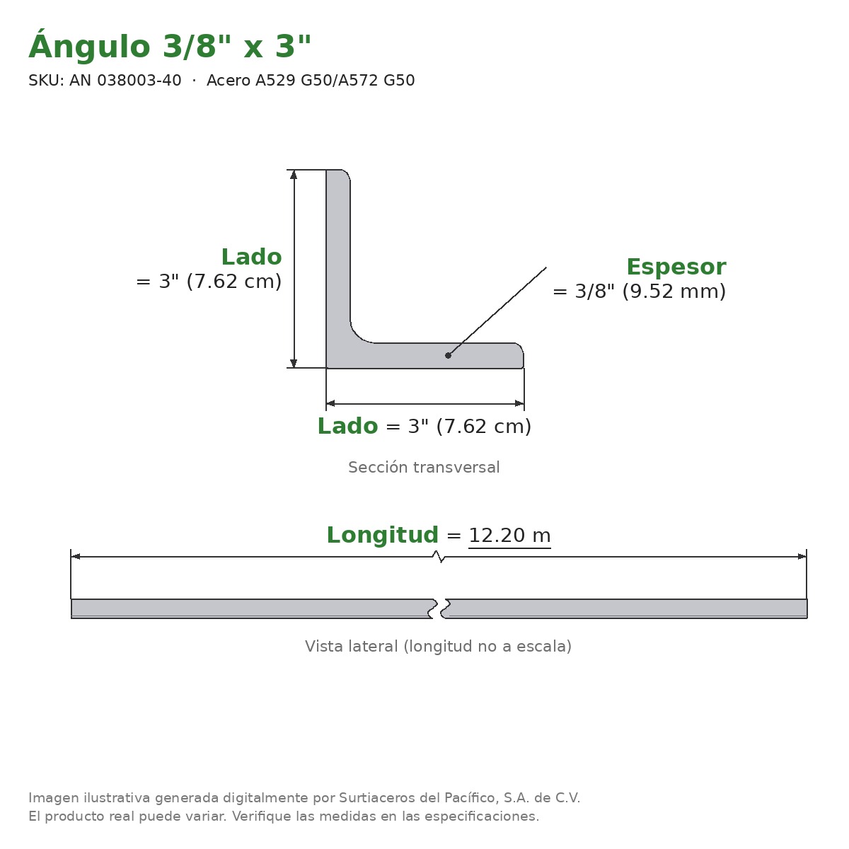 Ángulo 3/8" x 3" x 12.20 m - Acero A529 G50/A572 G50 - sección transversal