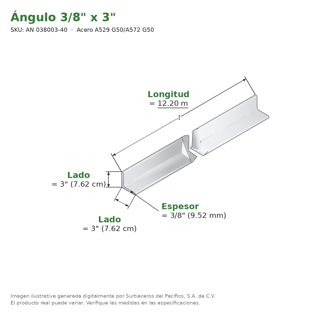 Ángulo 3/8" x 3" x 12.20 m - Acero A529 G50/A572 G50 - medidas