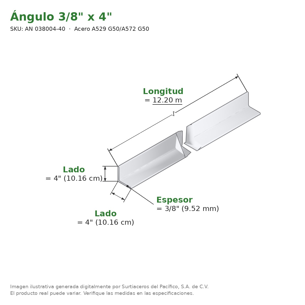 Ángulo 3/8" x 4" x 12.20 m - Acero A529 G50/A572 G50 - medidas