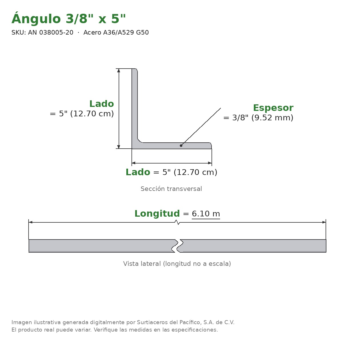 Ángulo 3/8" x 5" x 6.10 m - Acero A36/A529 G50 - sección transversal