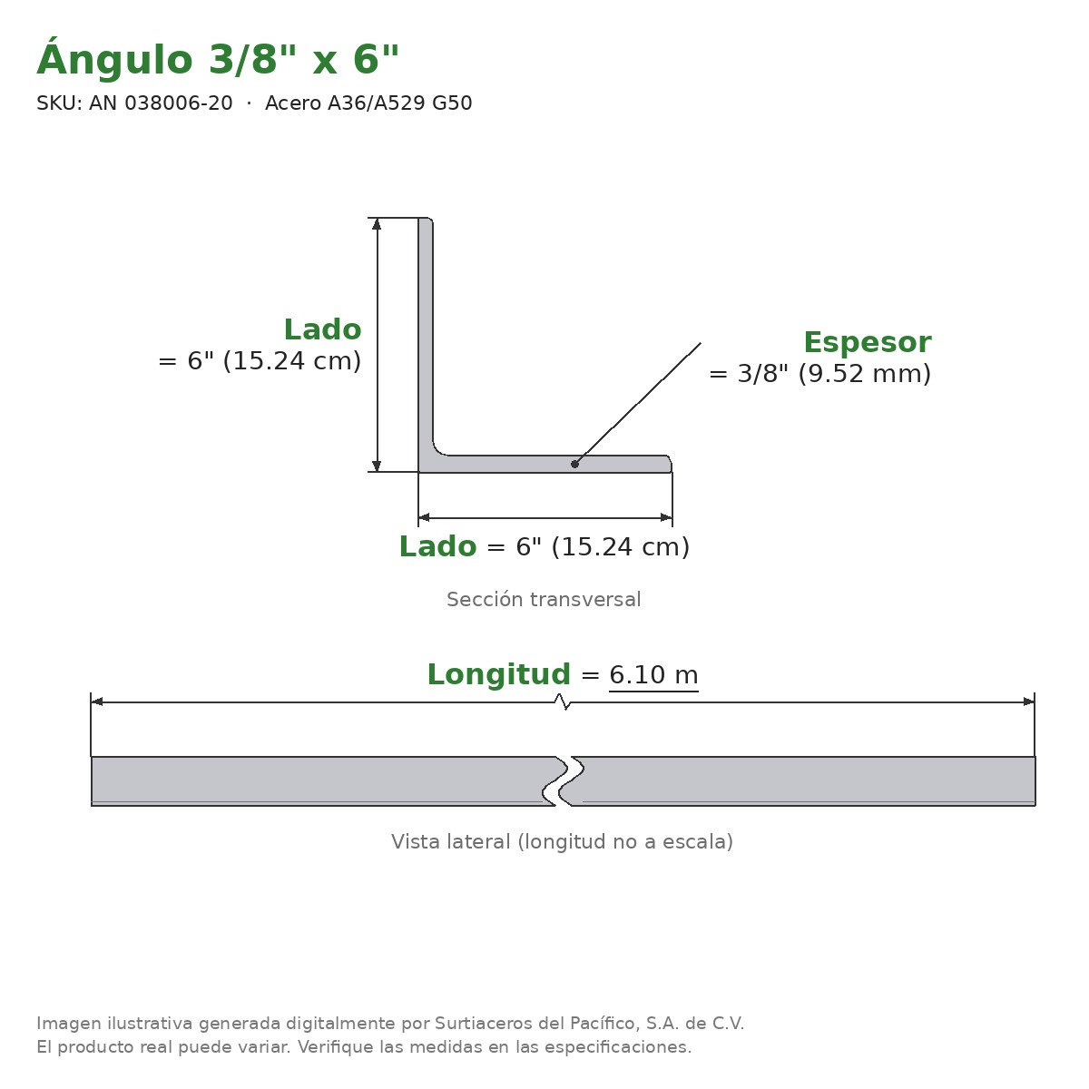 Ángulo 3/8" x 6" x 6.10 m - Acero A36/A529 G50 - sección transversal