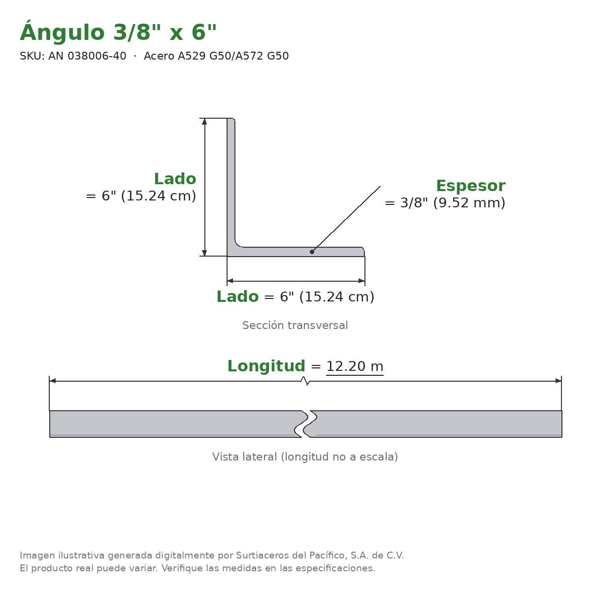 Ángulo 3/8" x 6" x 12.20 m - Acero A529 G50/A572 G50 - sección transversal