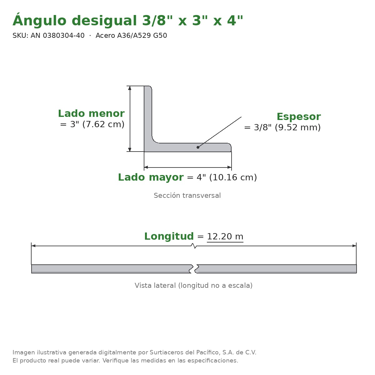 Ángulo desigual 3/8" x 3" x 4" x 12.20 m - Acero A36/A529 G50 - sección transversal