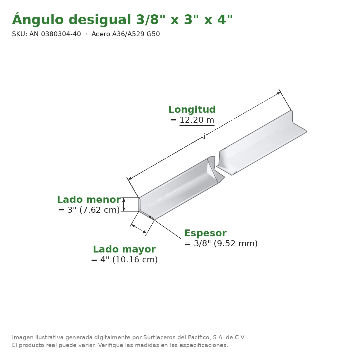 Ángulo desigual 3/8" x 3" x 4" x 12.20 m - Acero A36/A529 G50 - medidas