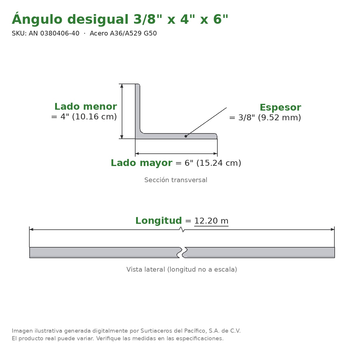 Ángulo desigual 3/8" x 4" x 6" x 12.20 m - Acero A36/A529 G50 - sección transversal