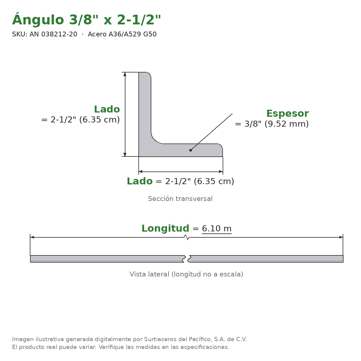 Ángulo 3/8" x 2-1/2" x 6.10 m - Acero A36/A529 G50 - sección transversal